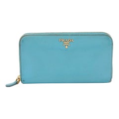 Prada Blue Saffiano Lux Leather Zip Around Wallet