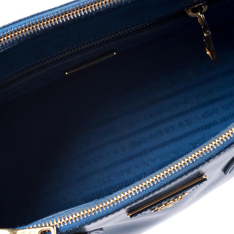 Prada Blue Saffiano Lux Patent Leather Small Double Zip Tote 1