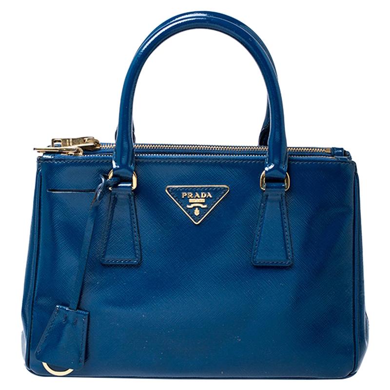 Prada Blue Saffiano Lux Patent Leather Small Double Zip Tote
