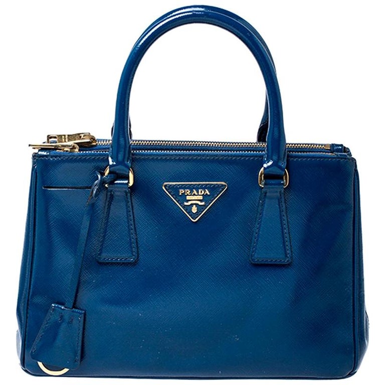 Prada Blue Saffiano Lux Patent Leather Small Double Zip Tote For Sale