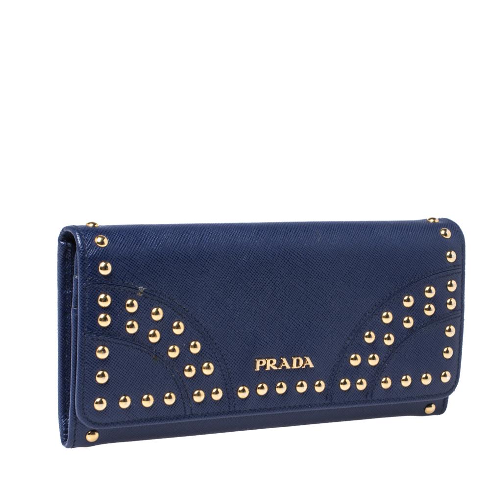 Prada Blue Saffiano Lux Studded Leather Flap Continental Wallet In Good Condition In Dubai, Al Qouz 2