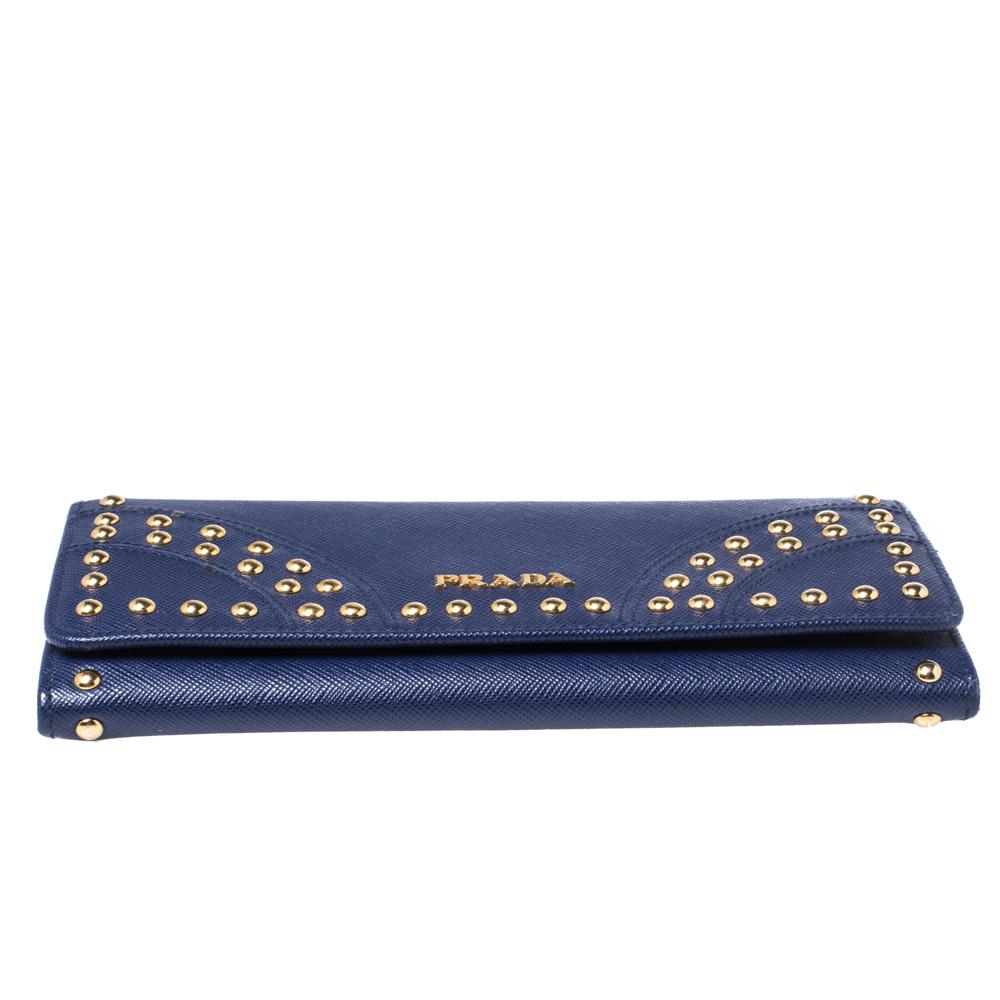 Women's Prada Blue Saffiano Lux Studded Leather Flap Continental Wallet