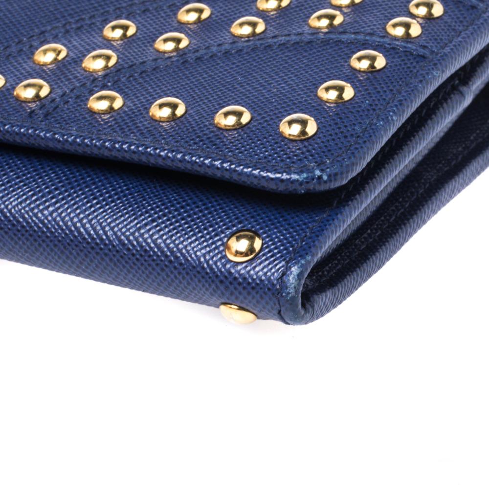 Prada Blue Saffiano Lux Studded Leather Flap Continental Wallet 2