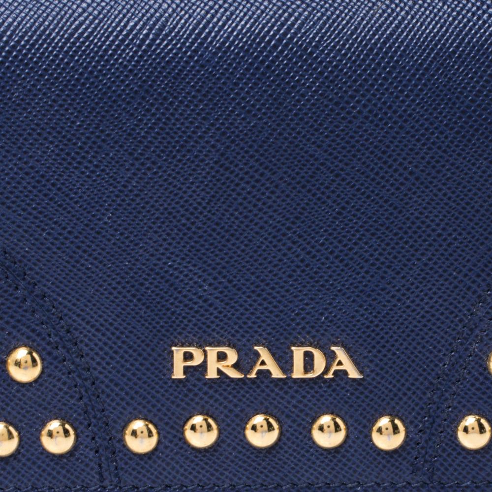 Prada Blue Saffiano Lux Studded Leather Flap Continental Wallet 4