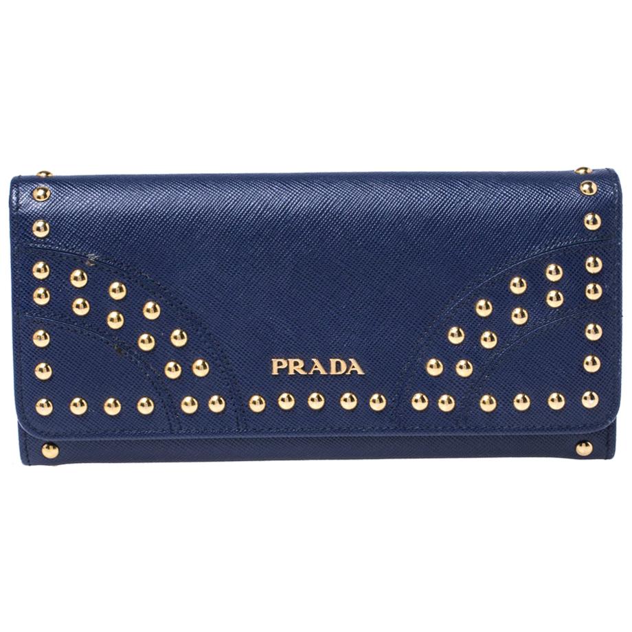 Prada Blue Saffiano Lux Studded Leather Flap Continental Wallet