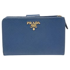 Prada Blue Saffiano Metal Leather Flap French Wallet