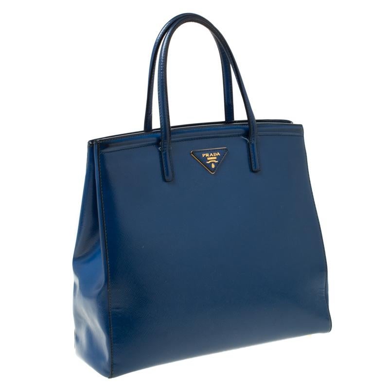 Women's Prada Blue Saffiano Patent Leather Parabole Tote
