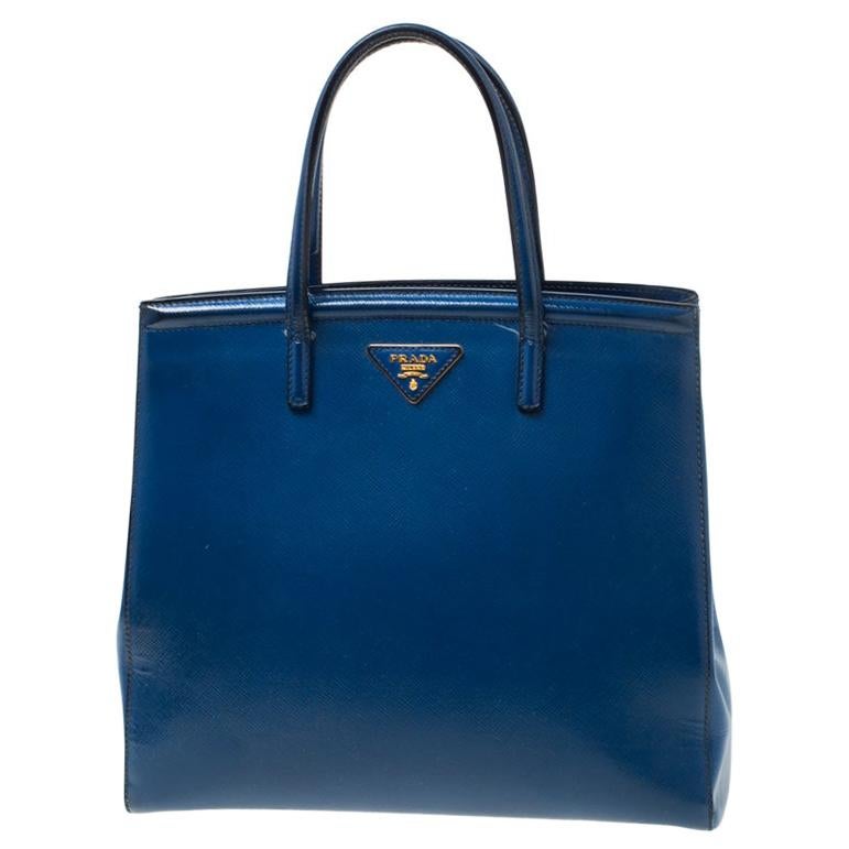 Prada Blue Saffiano Patent Leather Parabole Tote