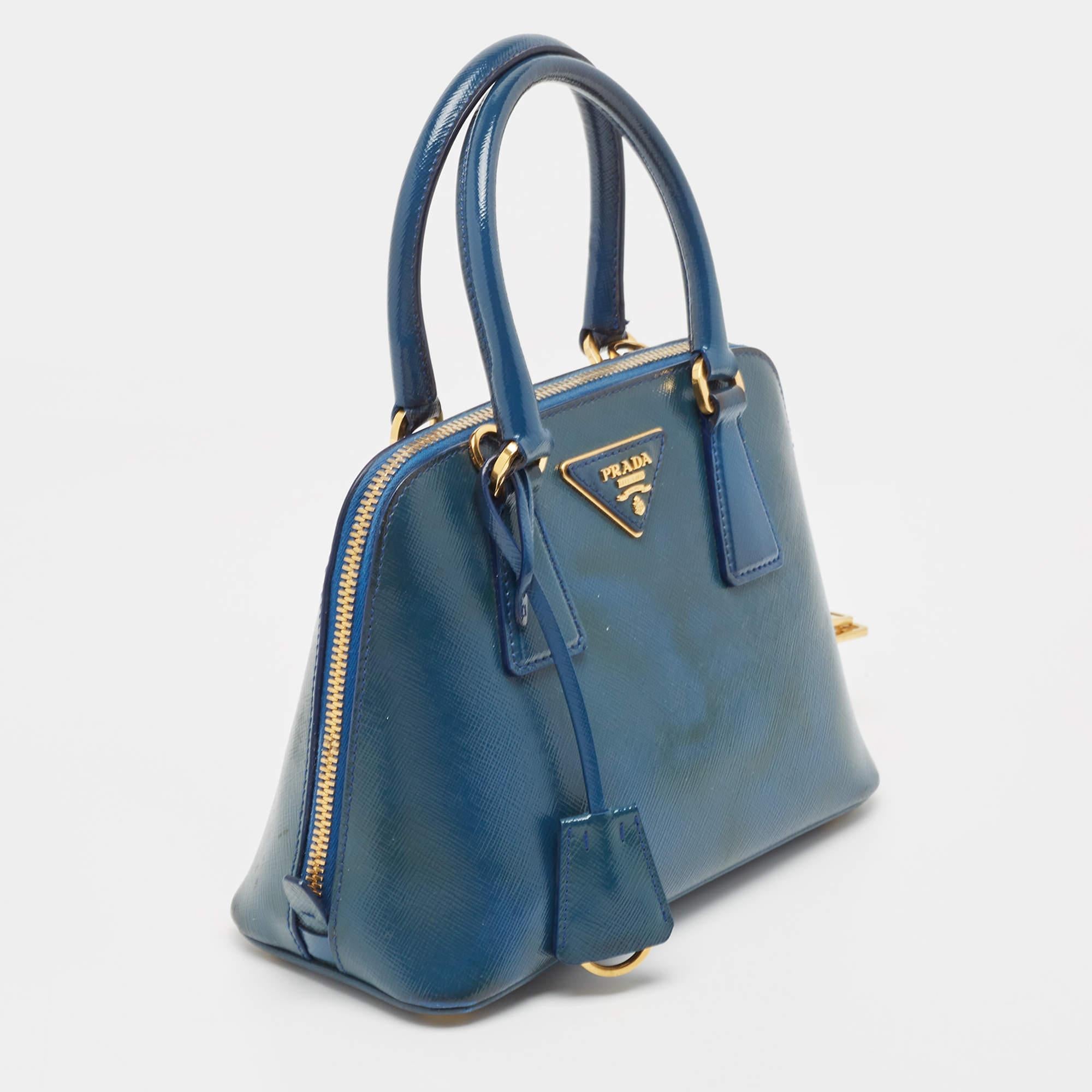 Women's Prada Blue Saffiano Patent Leather Small Promenade Satchel