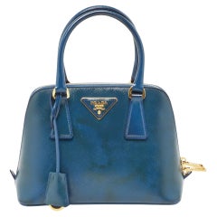 Prada Blue Saffiano Patent Leather Small Promenade Satchel