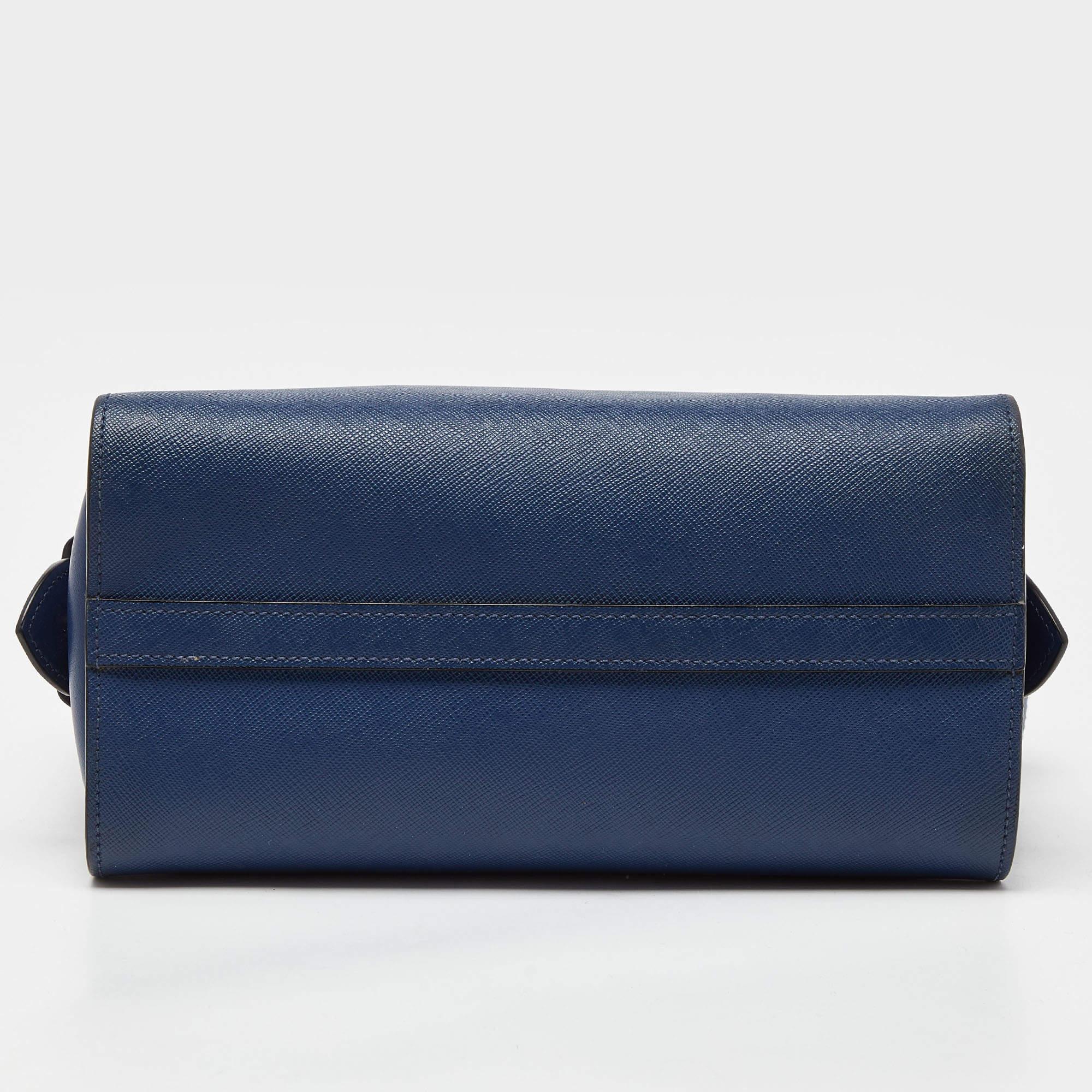 Prada Blue Saffiano/Soft Leather Double Handle Tote For Sale 2