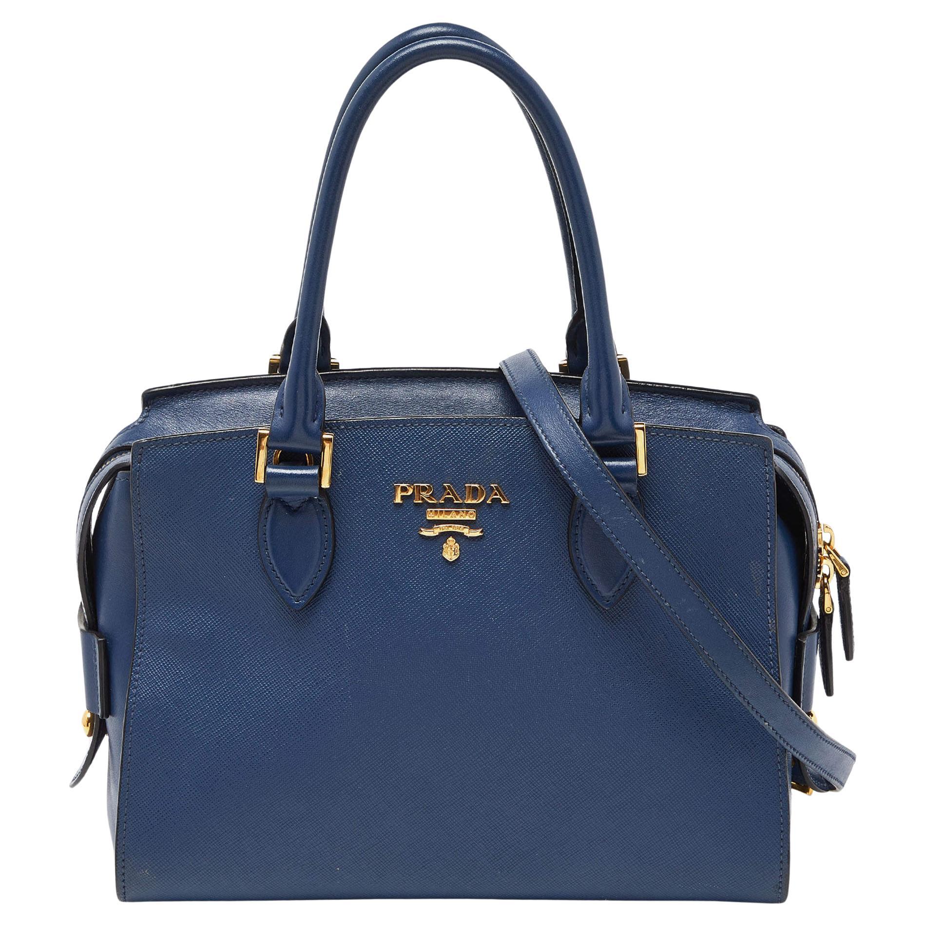 Prada Blue Saffiano/Soft Leather Double Handle Tote For Sale