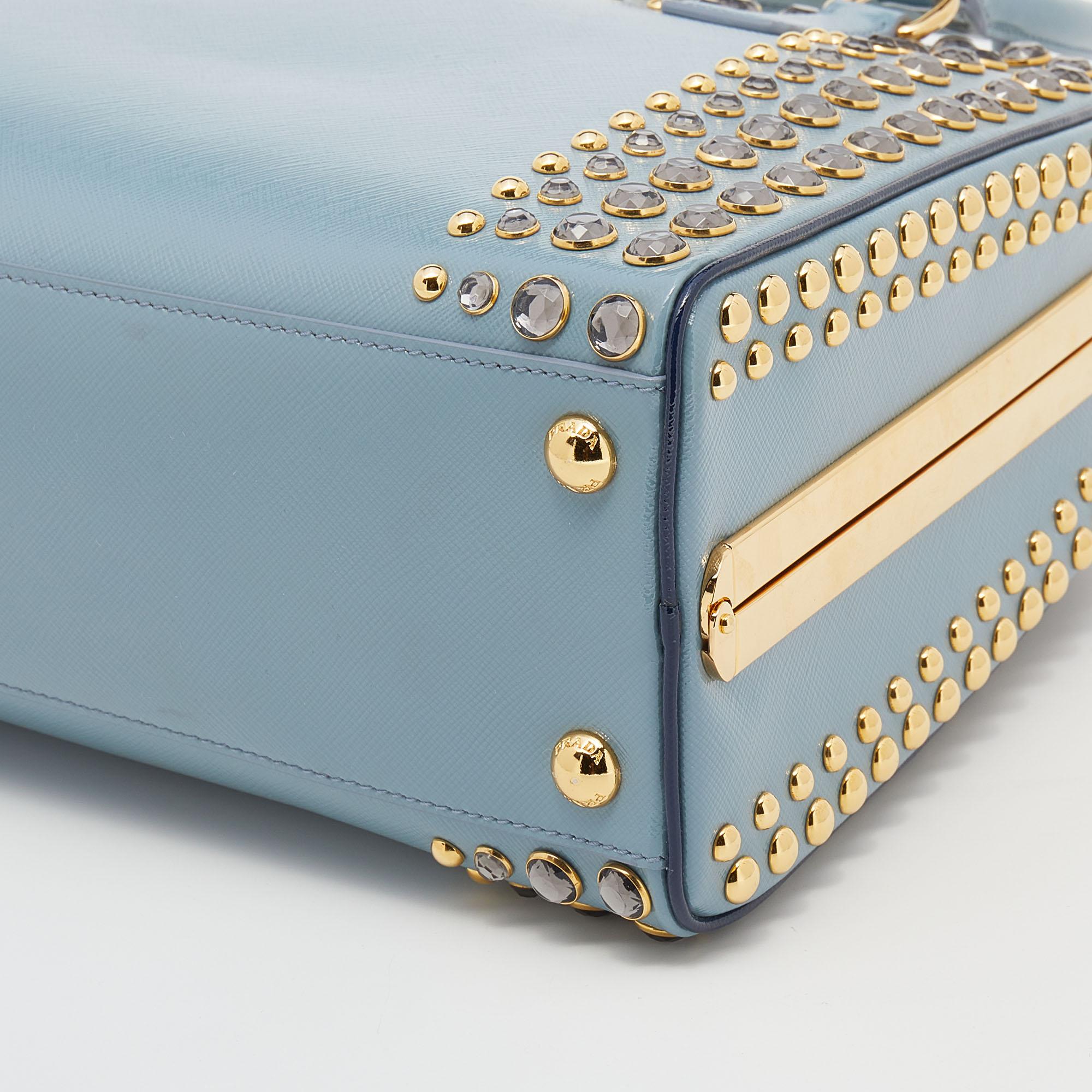 Prada Blue Saffiano Vernice Leather Crystal Pyramid Frame Satchel 2