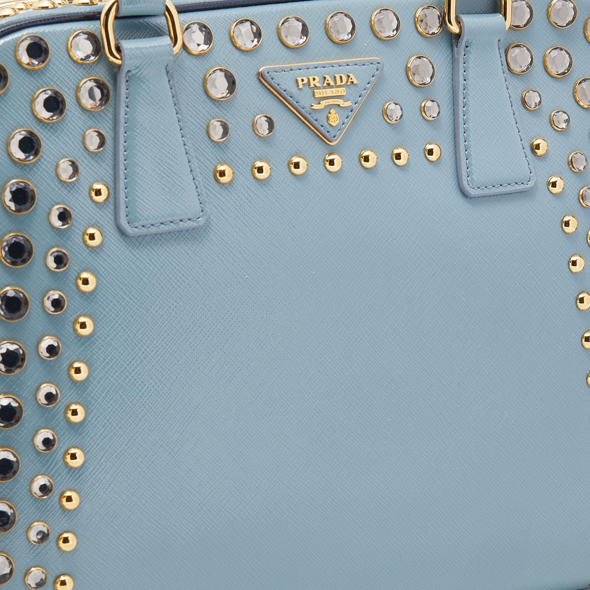 Prada Blue Saffiano Vernice Leather Crystal Pyramid Frame Satchel 3