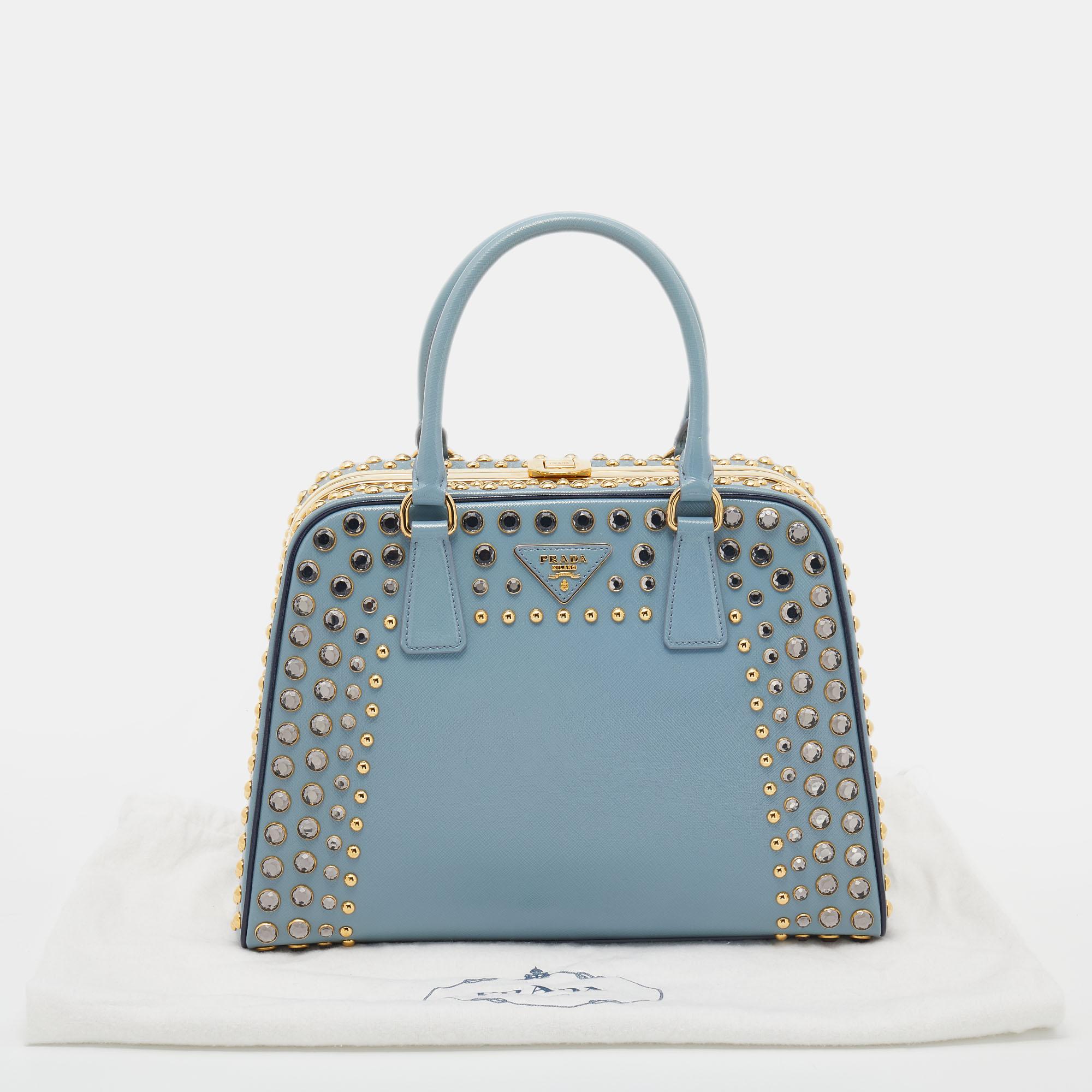 Prada Blue Saffiano Vernice Leather Crystal Pyramid Frame Satchel 4