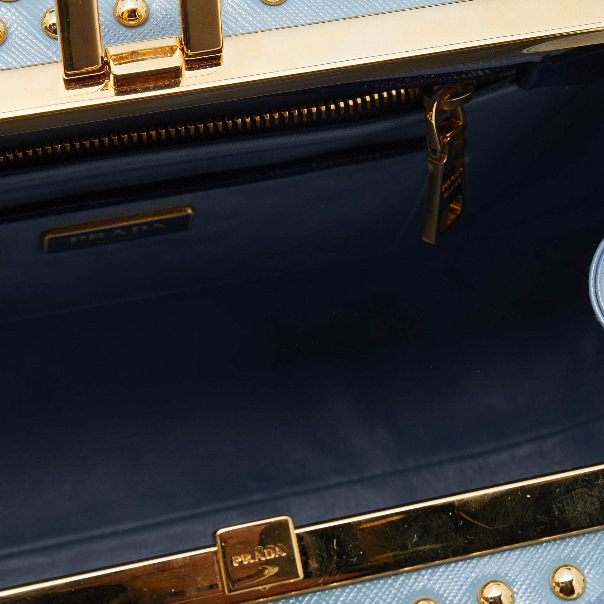 Gray Prada Blue Saffiano Vernice Leather Crystal Pyramid Frame Satchel