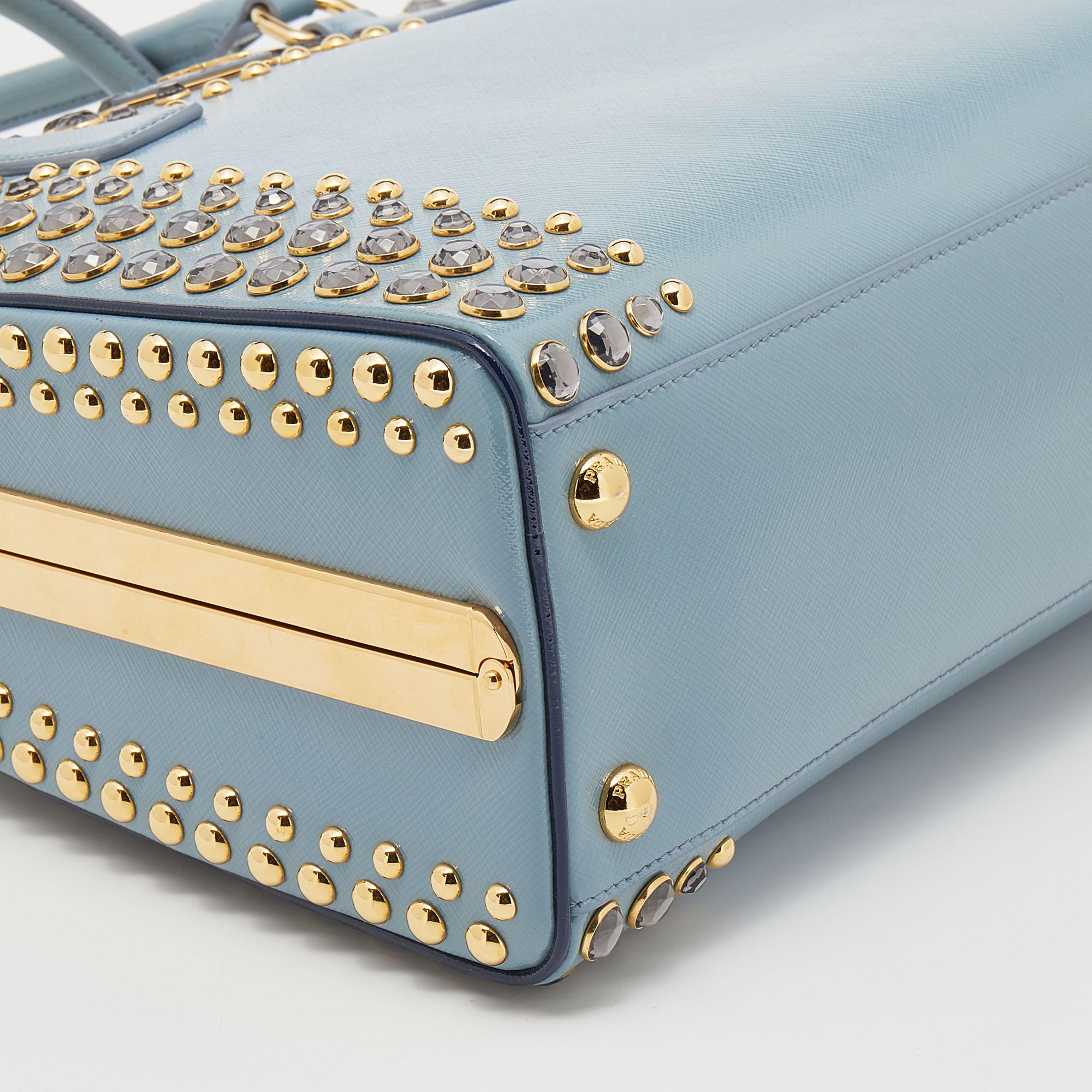 Prada Blue Saffiano Vernice Leather Crystal Pyramid Frame Satchel 1