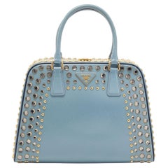 Prada Blue Saffiano Vernice Leather Crystal Pyramid Frame Satchel