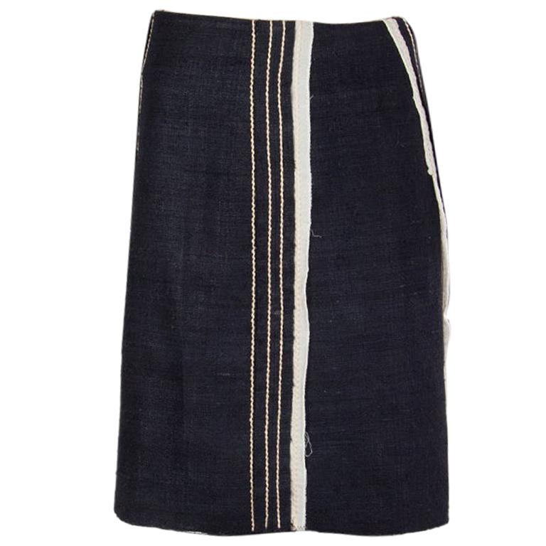 PRADA blue silk & cotton STRIPE PANELED TWEED Skirt 40 S For Sale