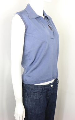 Prada Blue Silk Knitted Sleeveless Opening Collar Top