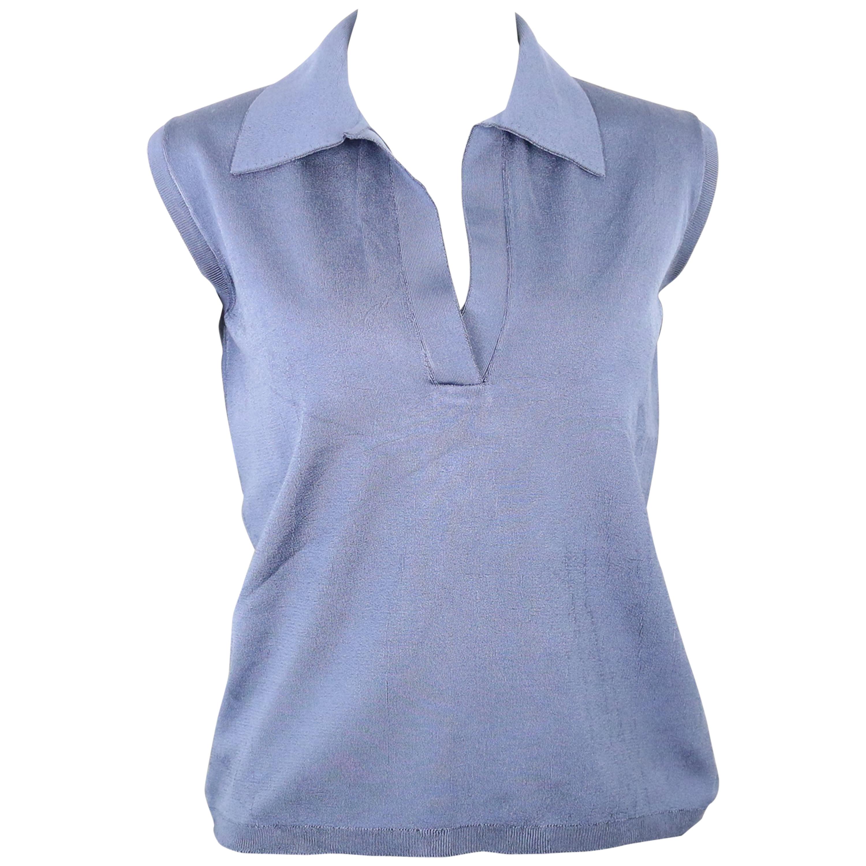 Prada Blue Silk Knitted Sleeveless Opening Collar Top For Sale