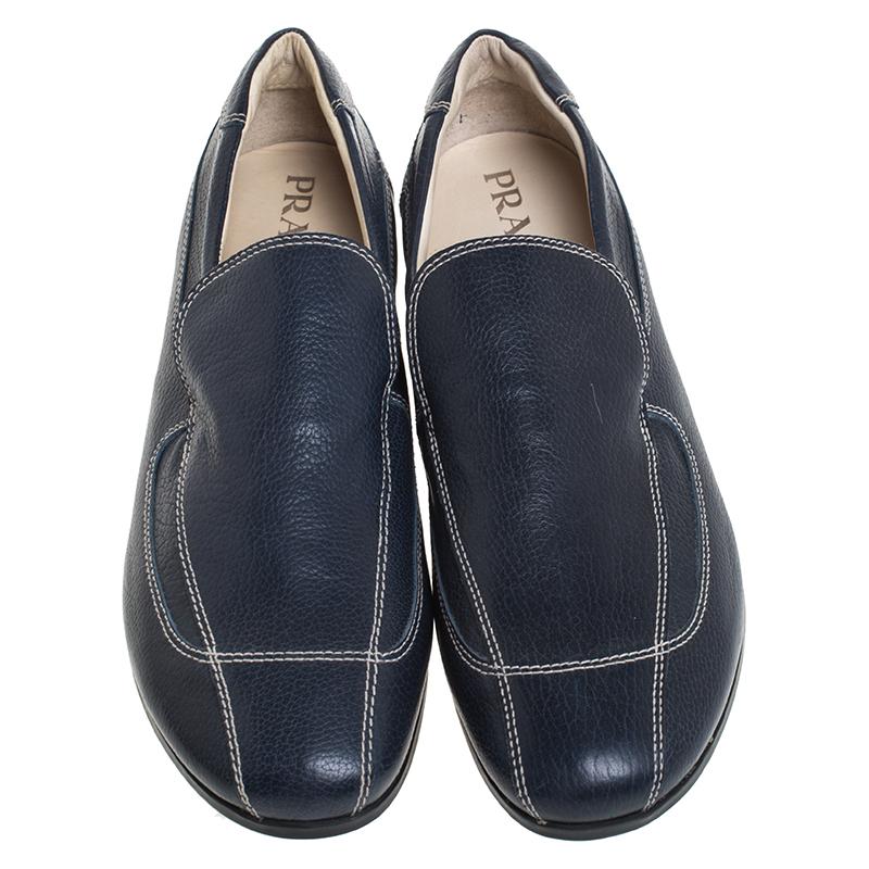 Black Prada Blue Stitch Detail Leather Slip On Loafers Size 41 For Sale