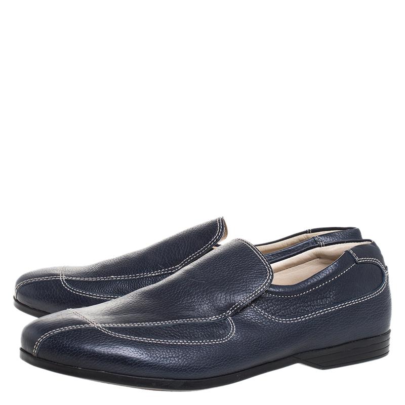 Men's Prada Blue Stitch Detail Leather Slip On Loafers Size 41 For Sale