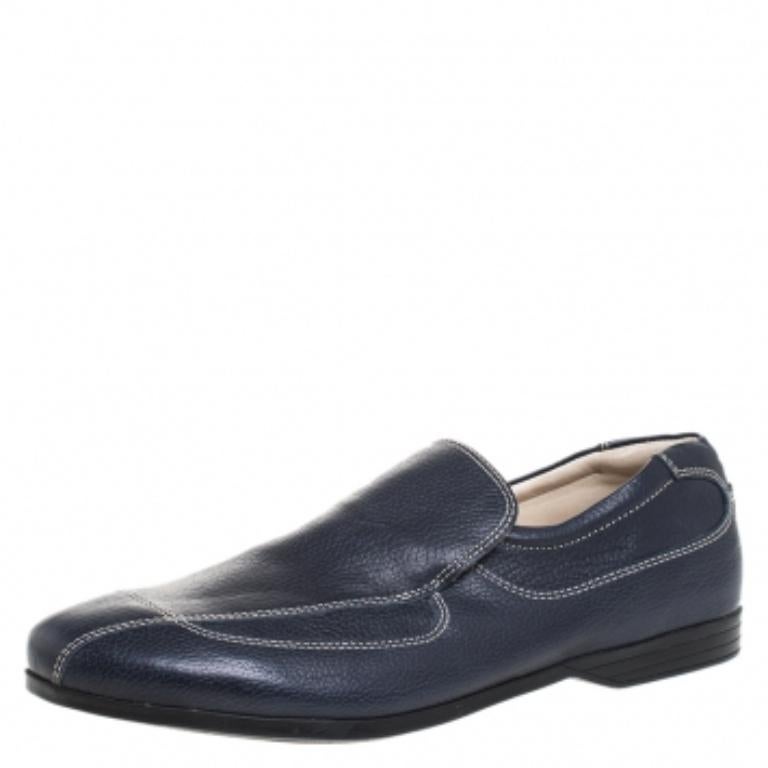 Prada Blau Stitch Detail Leder Slip On Loafers Größe 41 im Angebot 1