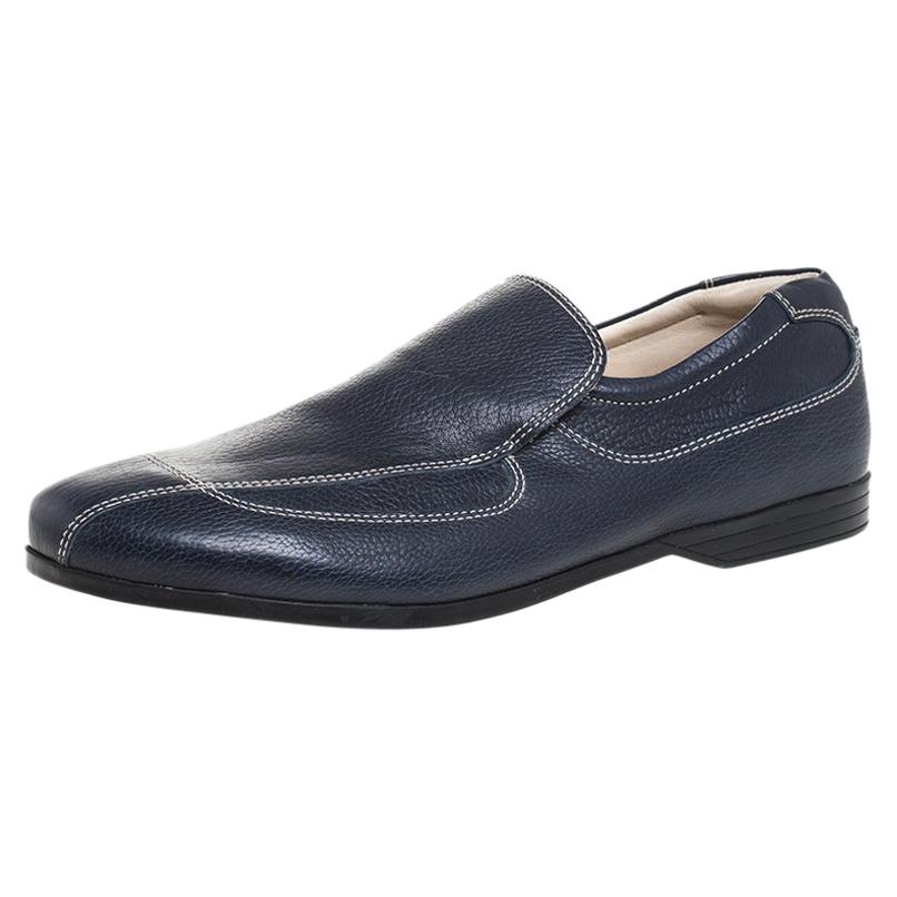 Prada Blue Stitch Detail Leather Slip On Loafers Size 41 For Sale
