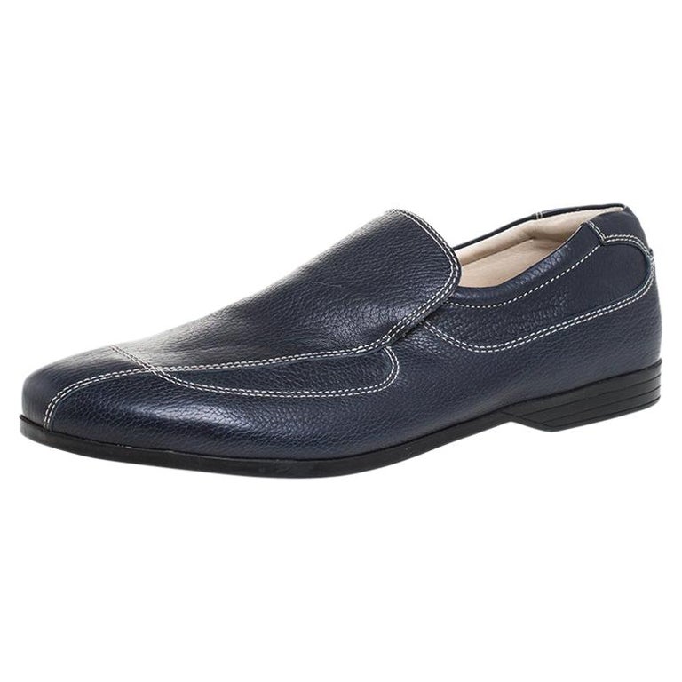 Prada Blue Stitch Detail Leather Slip On Loafers Size 41 For Sale at 1stDibs