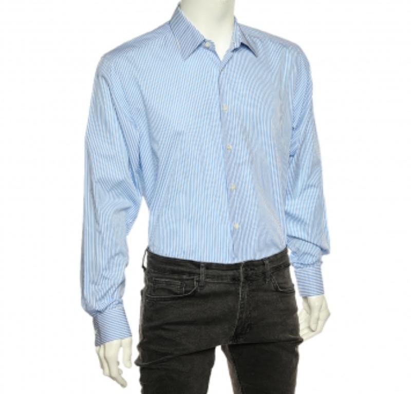 Prada - Chemise en coton rayée bleue à boutons sur le devant XL en vente 2