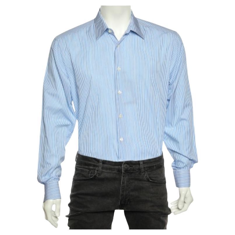 Prada - Chemise en coton rayée bleue à boutons sur le devant XL en vente