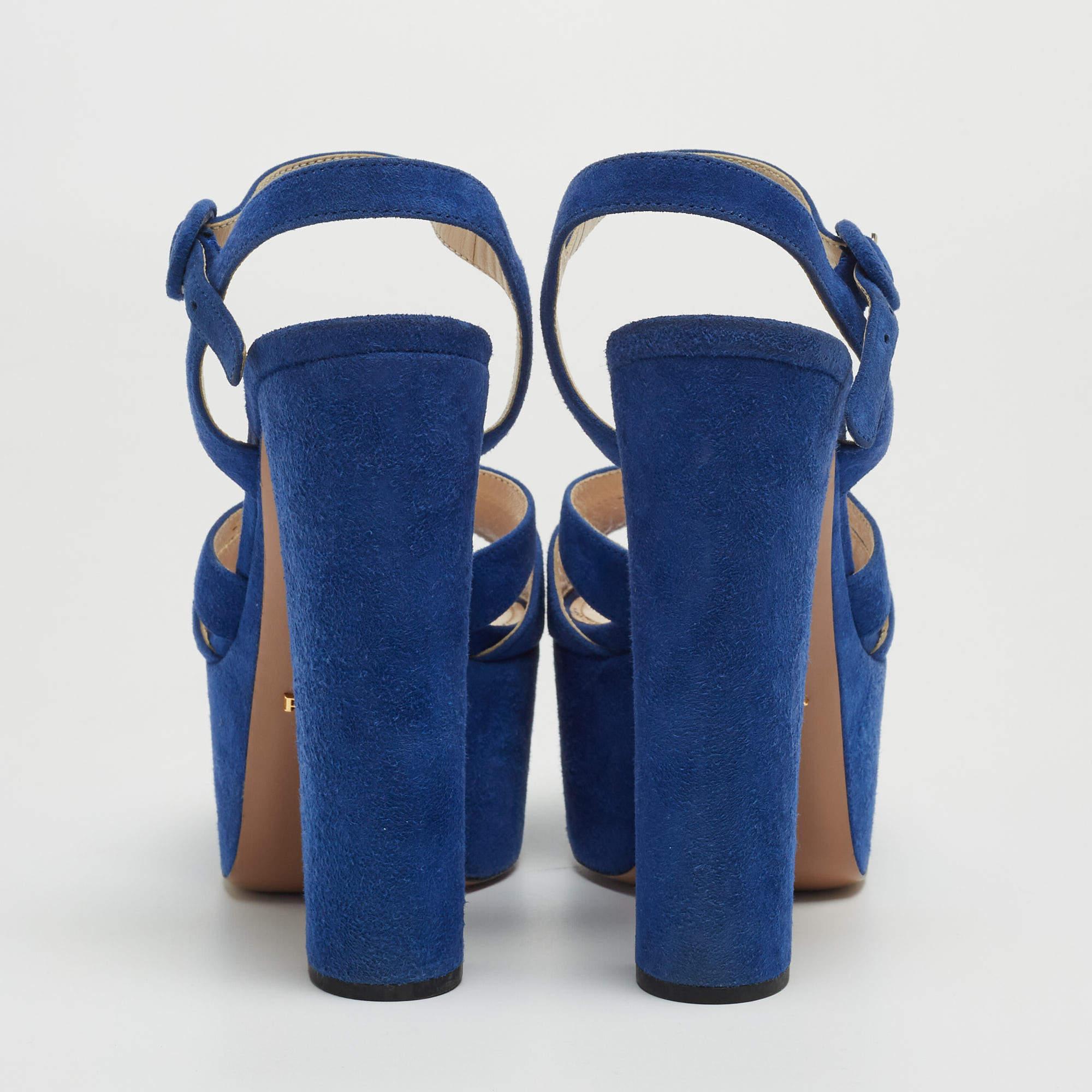 Prada Blue Suede Block Heel Platform Ankle Strap Sandals Size 38.5 In Good Condition In Dubai, Al Qouz 2