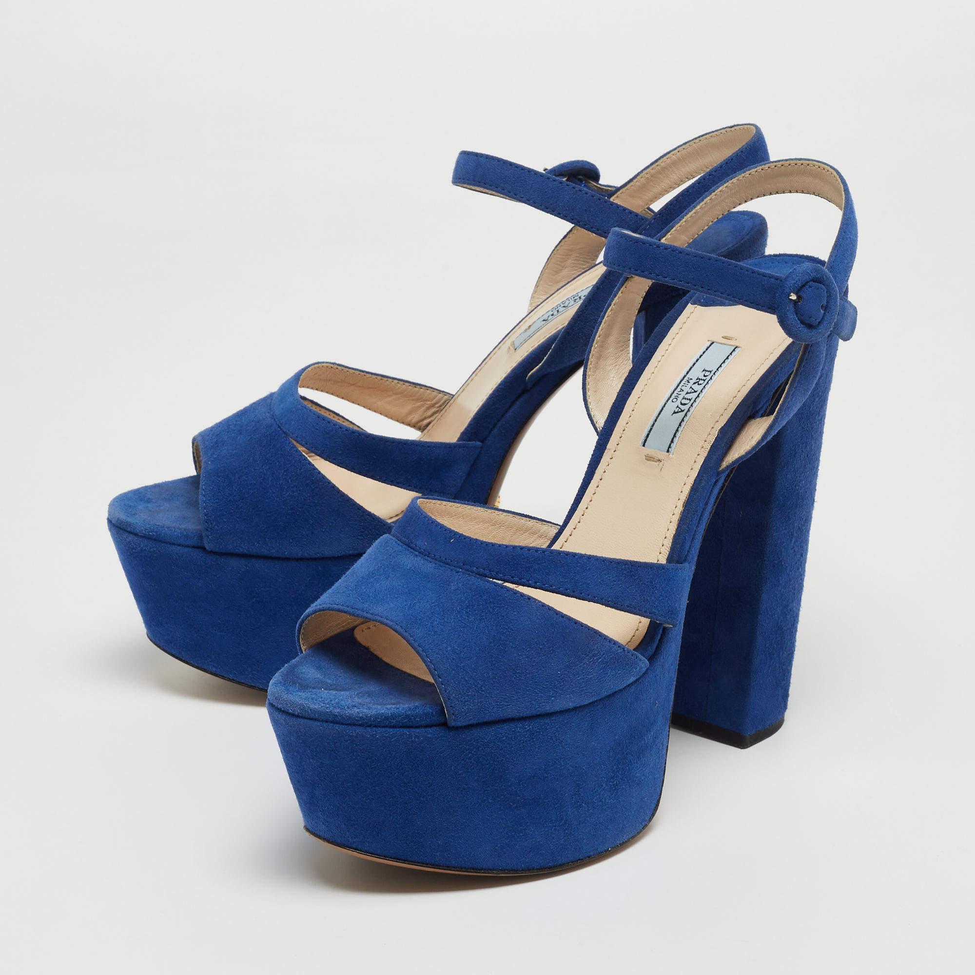 Women's Prada Blue Suede Block Heel Platform Ankle Strap Sandals Size 38.5
