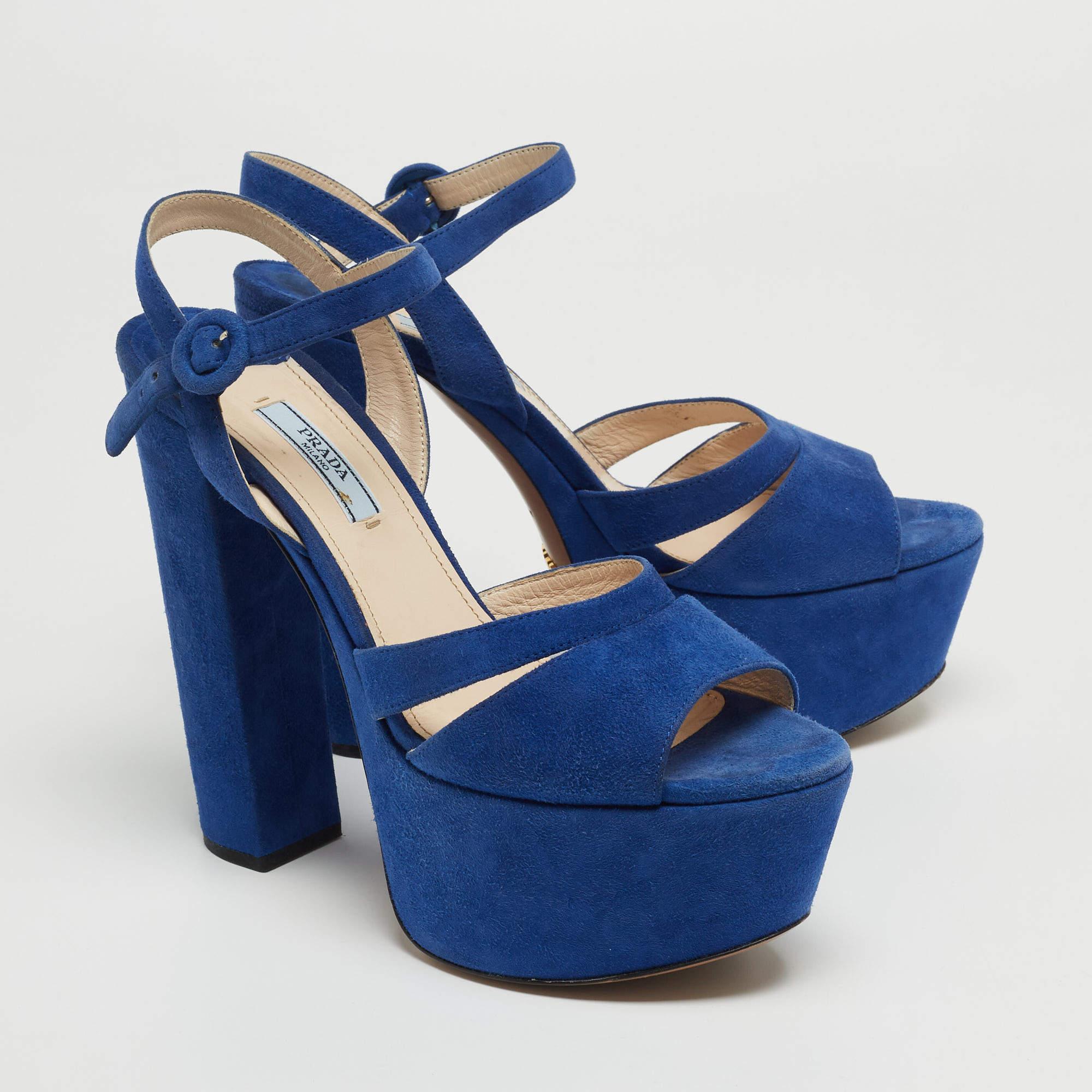 Prada Blue Suede Block Heel Platform Ankle Strap Sandals Size 38.5 1