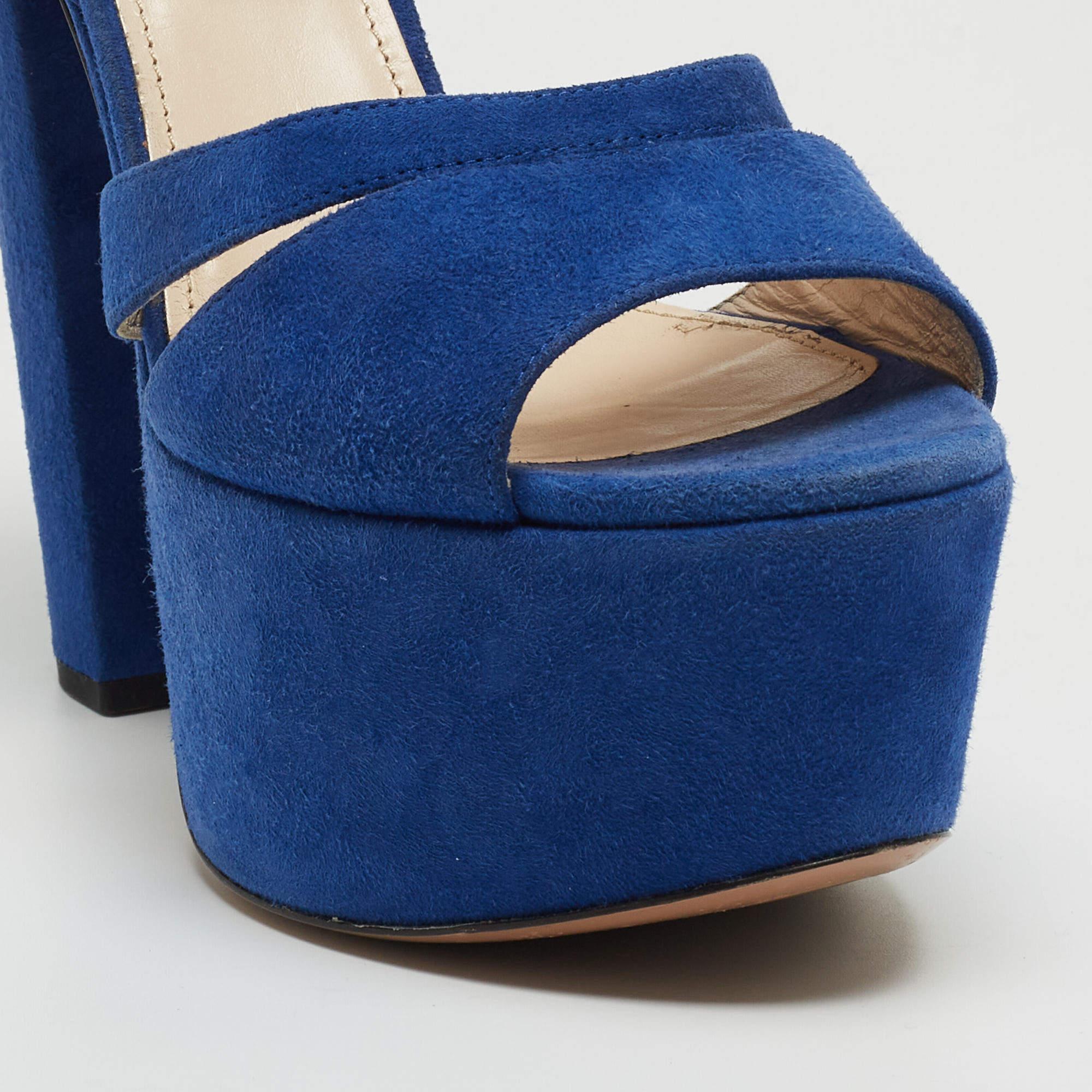 Prada Blue Suede Block Heel Platform Ankle Strap Sandals Size 38.5 2