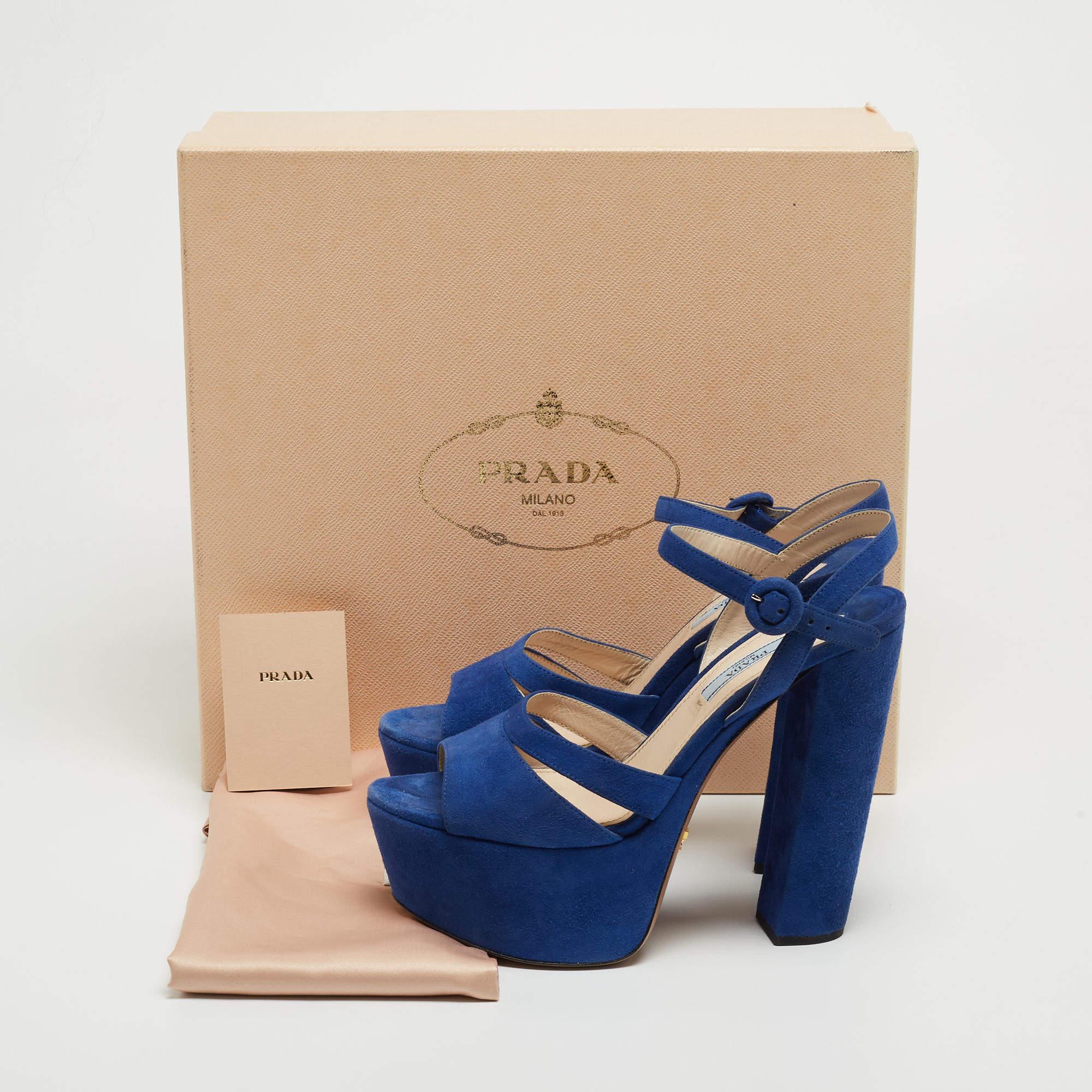 Prada Blue Suede Block Heel Platform Ankle Strap Sandals Size 38.5 4