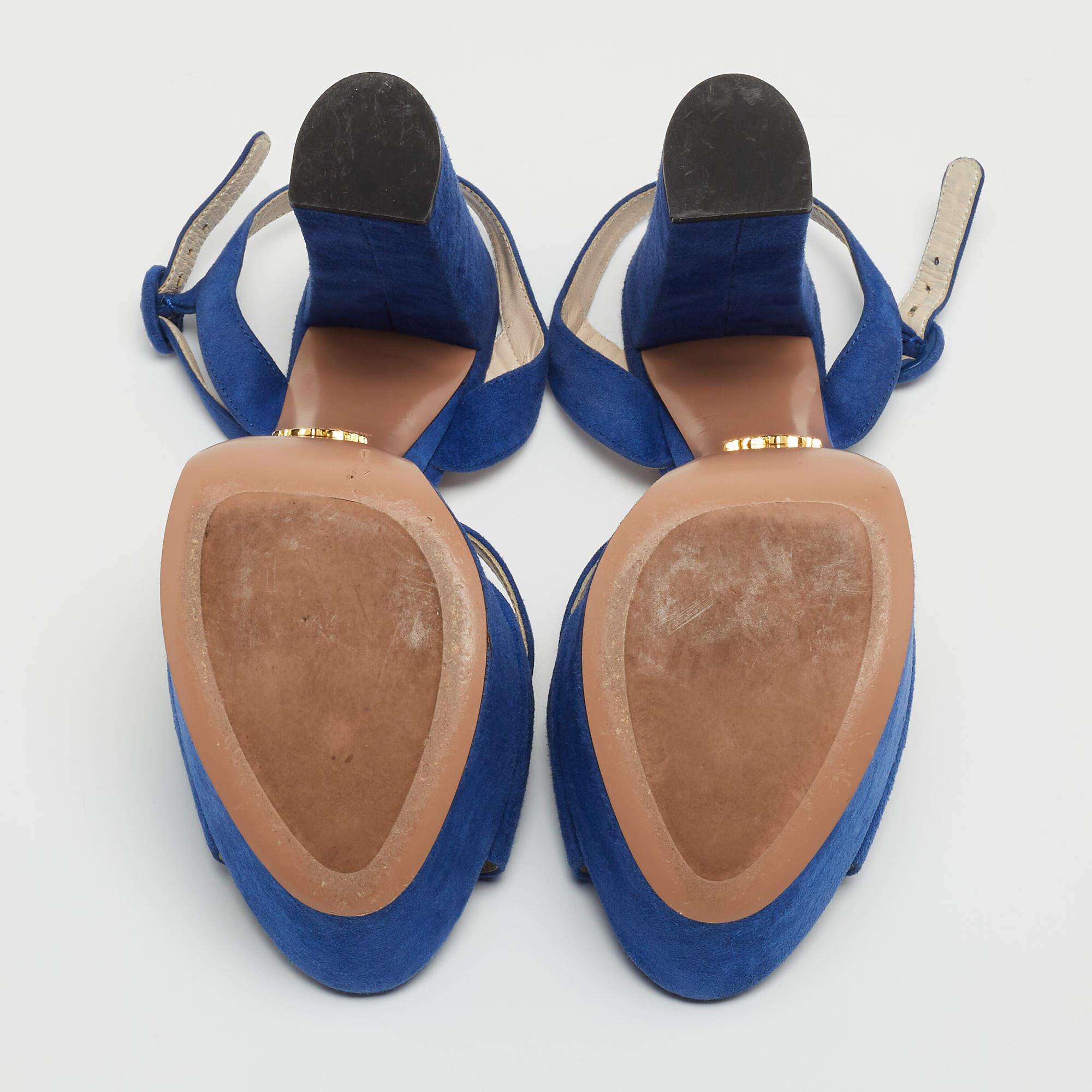 Prada Blue Suede Block Heel Platform Ankle Strap Sandals Size 38.5 5