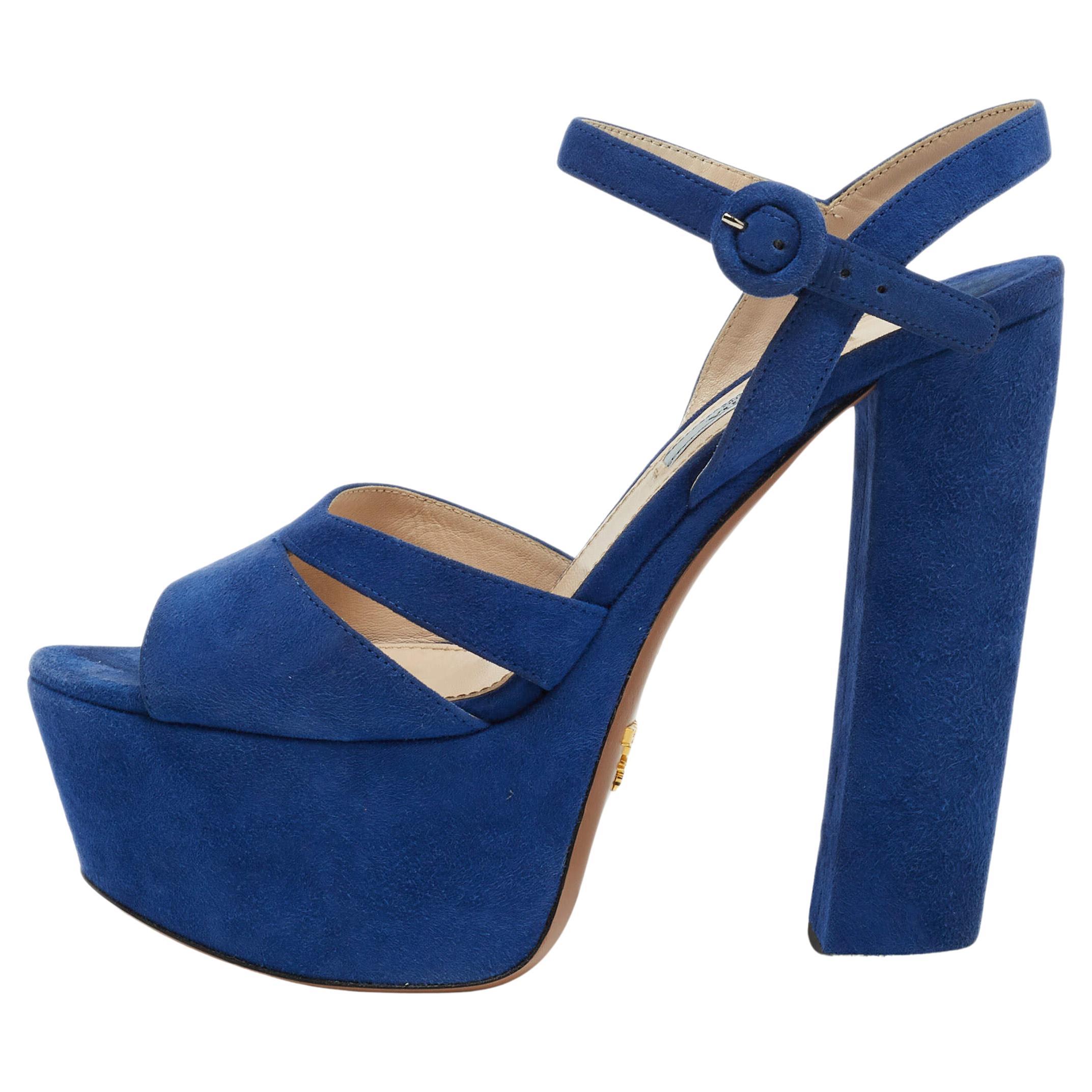 Prada Blue Suede Block Heel Platform Ankle Strap Sandals Size 38.5