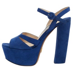 Prada Blue Suede Block Heel Platform Ankle Strap Sandals Size 38.5