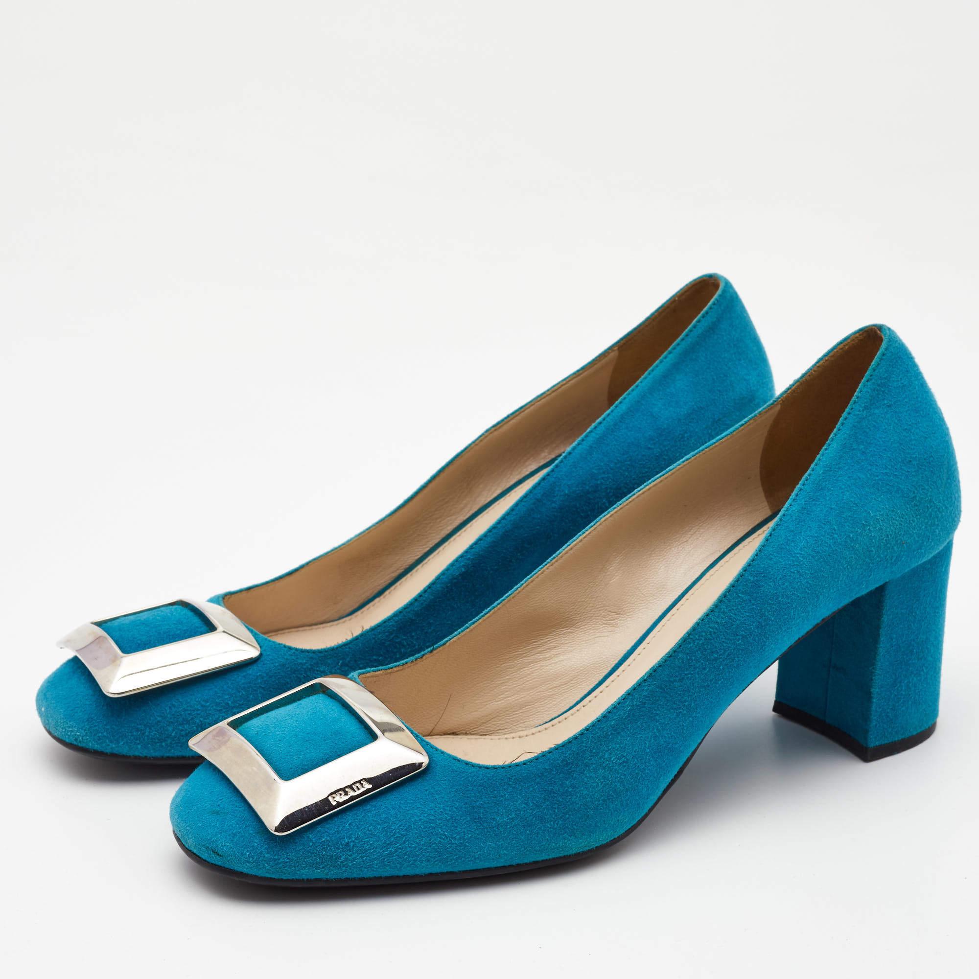 Women's Prada Blue Suede Block Heel Pumps Size 39.5 For Sale