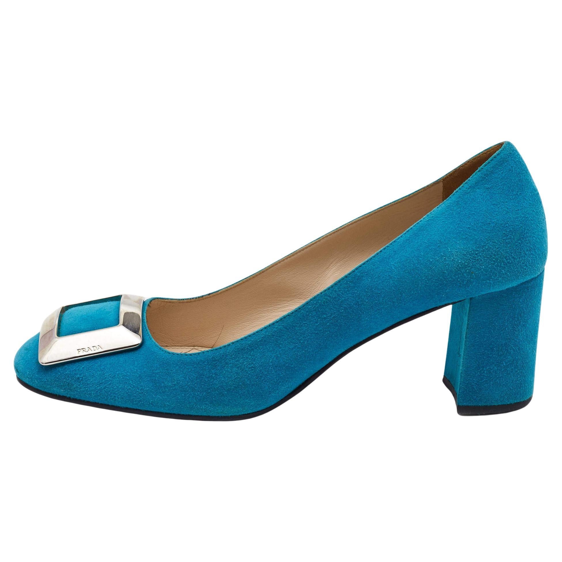 Prada Blue Suede Block Heel Pumps Size 39.5 For Sale