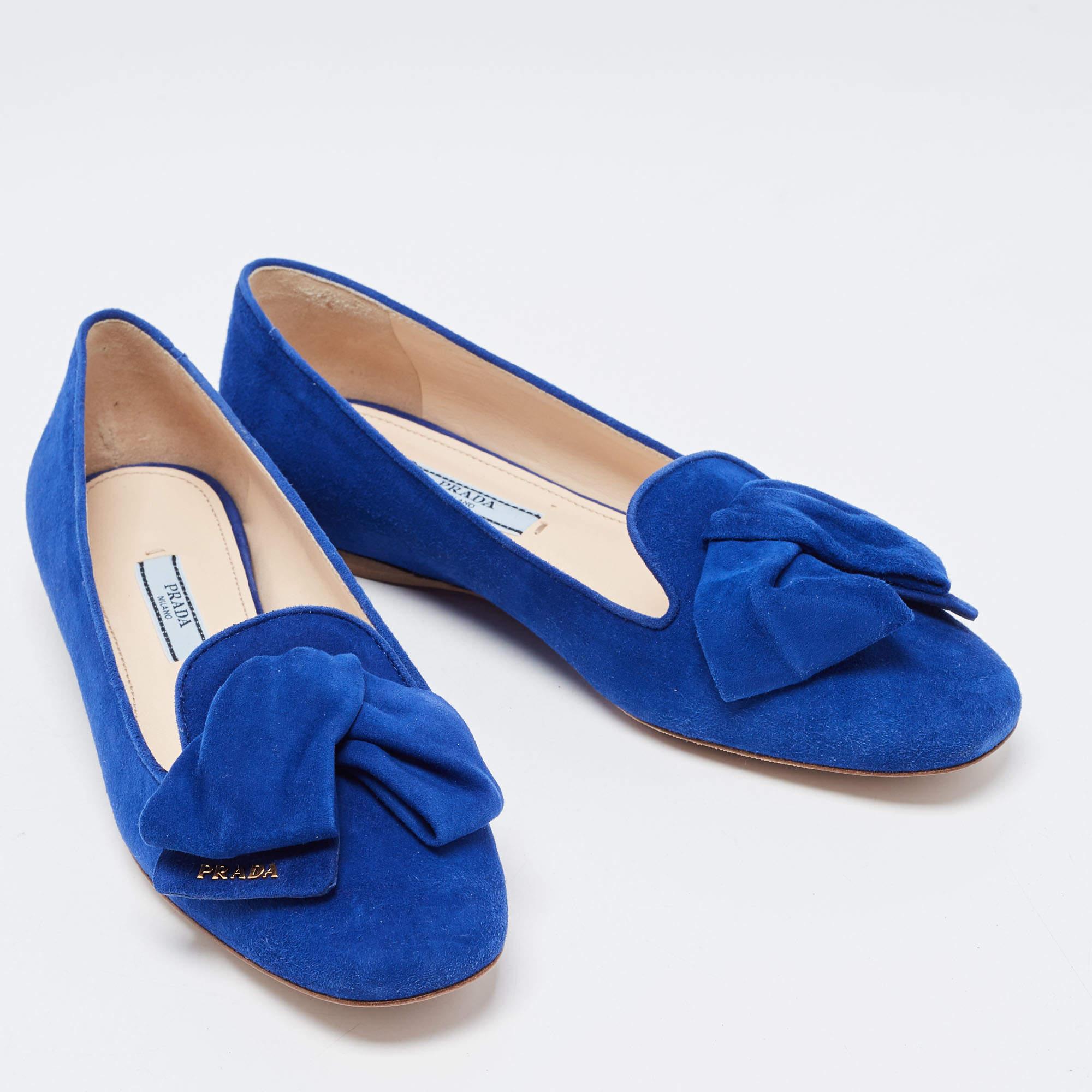 Prada Blue Suede Bow Ballet Flats Size 37.5 1