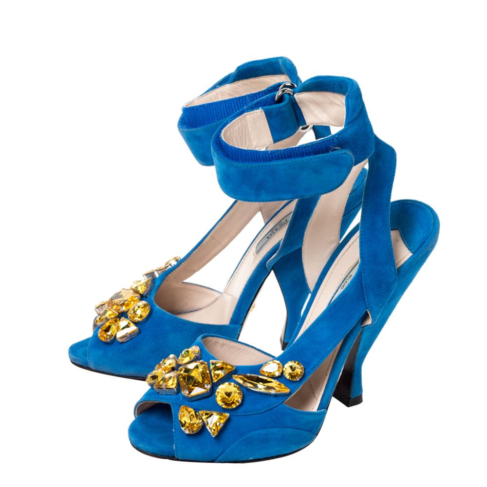 Prada Blue Suede Crystal Embellished Ankle Cuff Sandals Size 38.5 In Good Condition In Dubai, Al Qouz 2