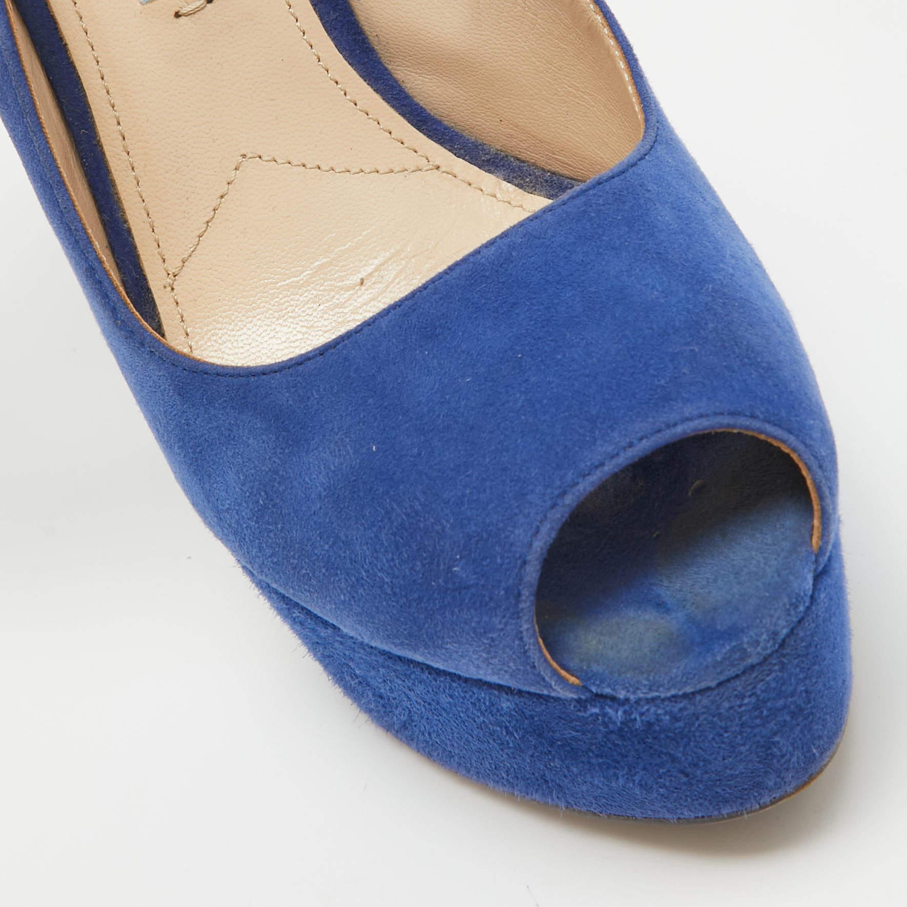 Prada Sandales à plateforme à bout ouvert en daim bleu, taille 36,5 en vente 2
