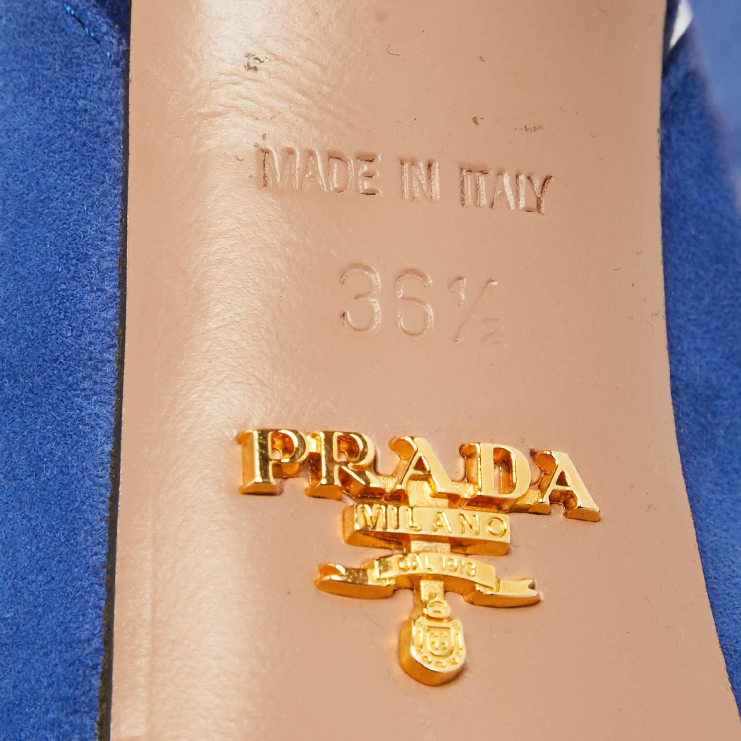 Prada Sandales à plateforme à bout ouvert en daim bleu, taille 36,5 en vente 3