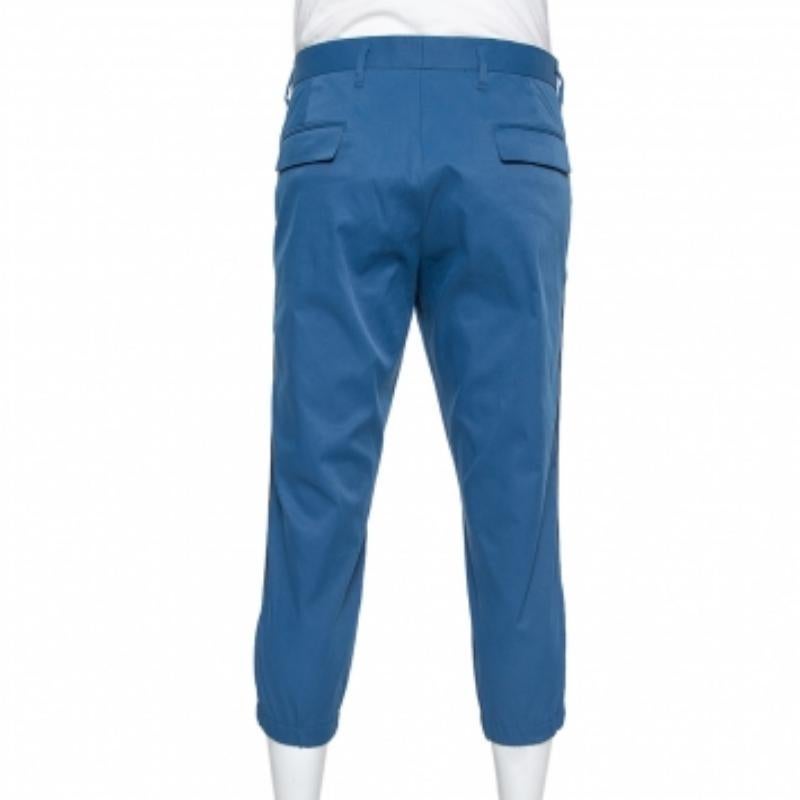 Prada Blue Synthetic Elastic Detail Capri Pants XL For Sale 2