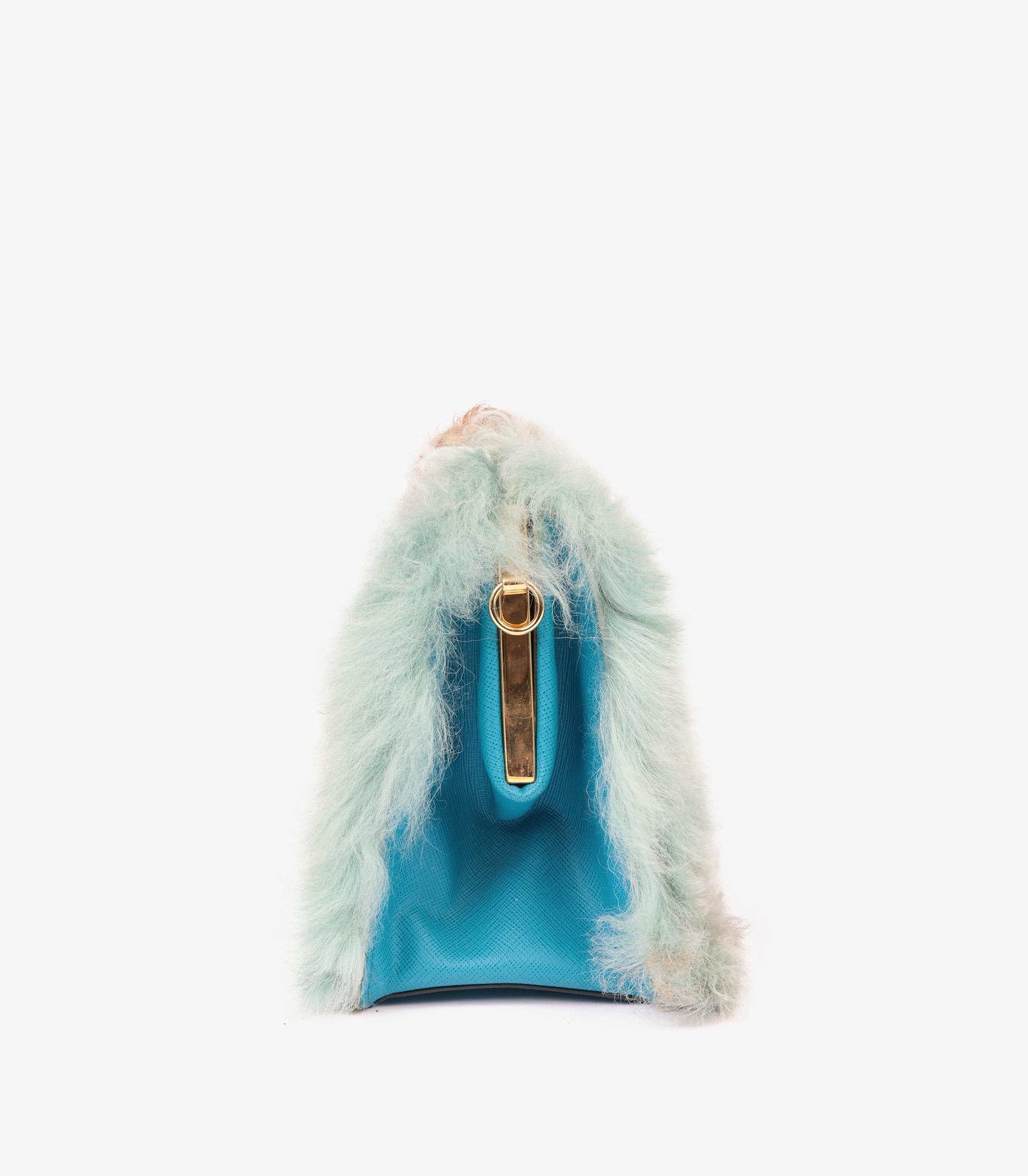 Prada Blue, Taupe Shearling & Saffiano Leather Light Frame Shoulder Bag In Excellent Condition In Bishop's Stortford, Hertfordshire