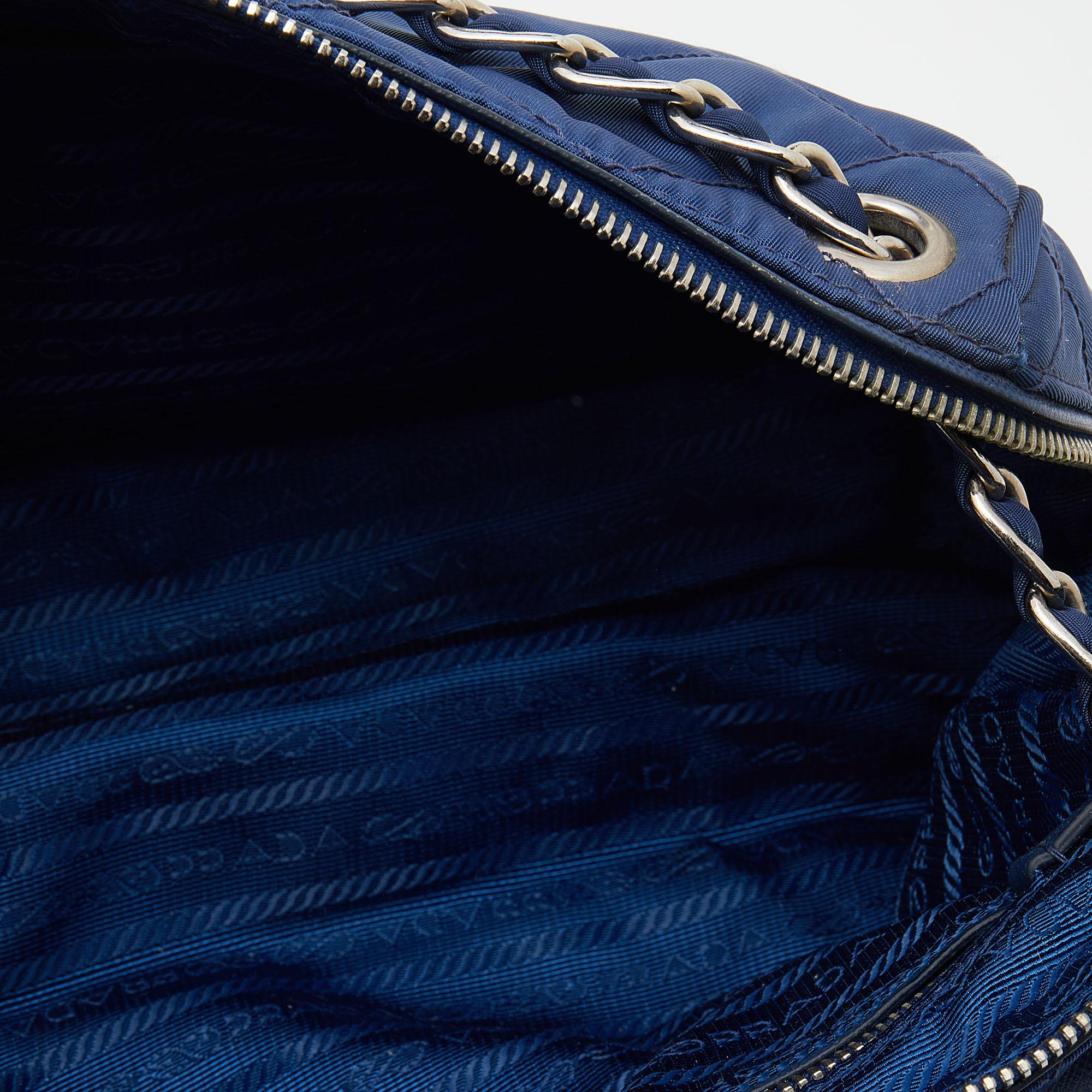 Prada Blue Tessuto Impuntu Nylon Chain Flap Bag In Good Condition In Dubai, Al Qouz 2