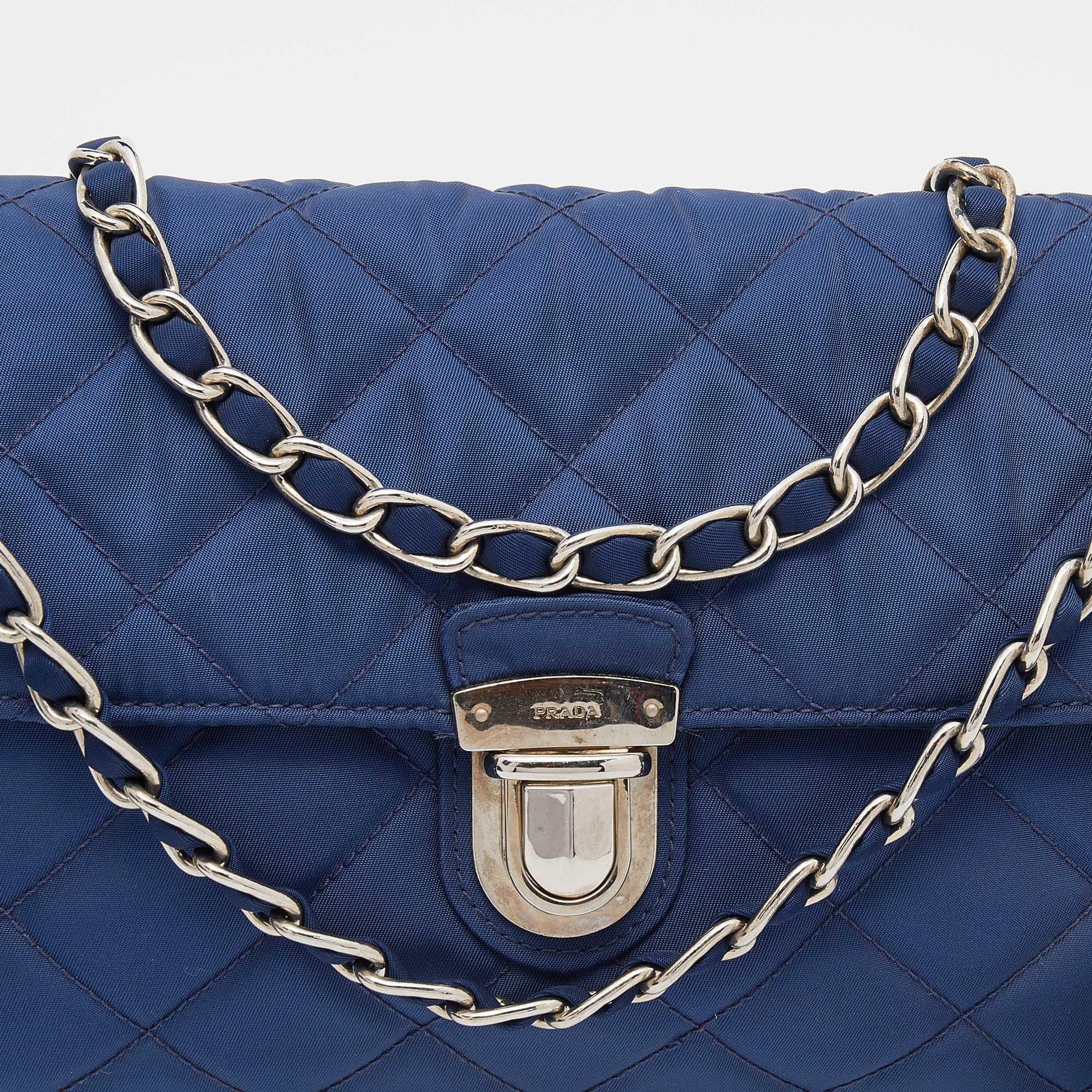 Women's Prada Blue Tessuto Impuntu Nylon Chain Flap Bag